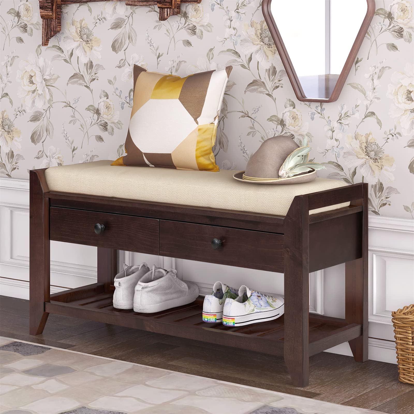 Wooden Shoe Storage Bench with Cushioned Seat & 2 Drawers - Multipurpose Entryway Organizer for Shoes, Living Room, Hallway & Bedroom - Espresso Finish for Home Decor & Practical Storage Solutions