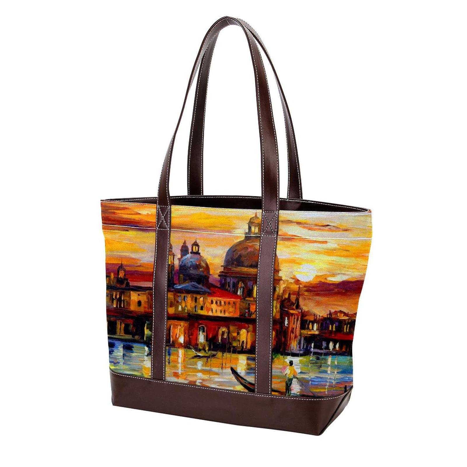 Stylish Women's Tote Bag with Zipper - Beach Bag, Laptop Bag & Shoulder Purse - Sunset over Castle River Boat Scenic Design - Perfect for Work, Travel & Shopping