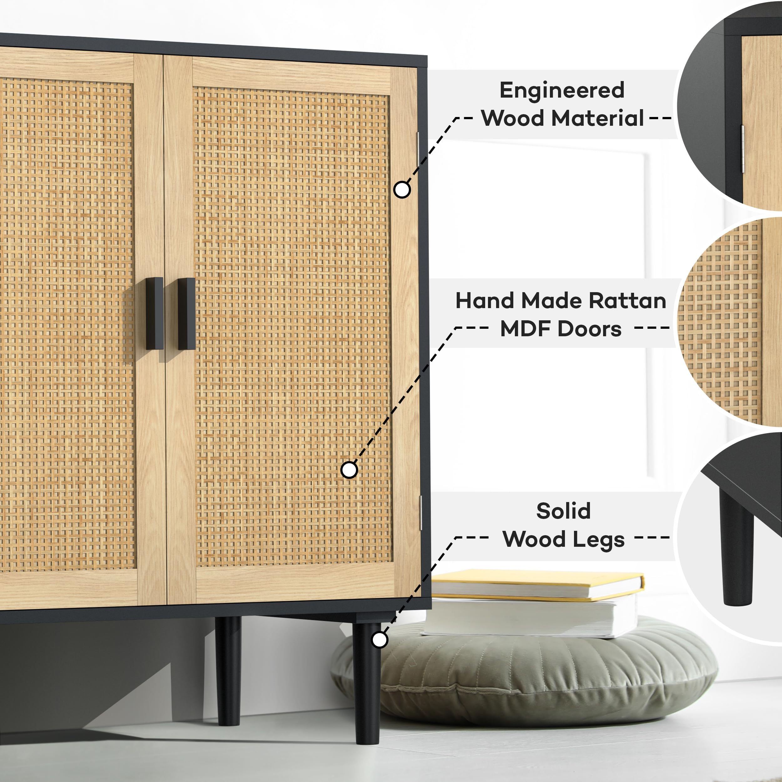 Rattan Sideboard Buffet Cabinet - Stylish Kitchen Storage Dresser with Rattan Doors, Cupboard Console Table for Living Room, Dining Room & TV Stand in Black - Perfect for Home Decor and Organizing Essentials
