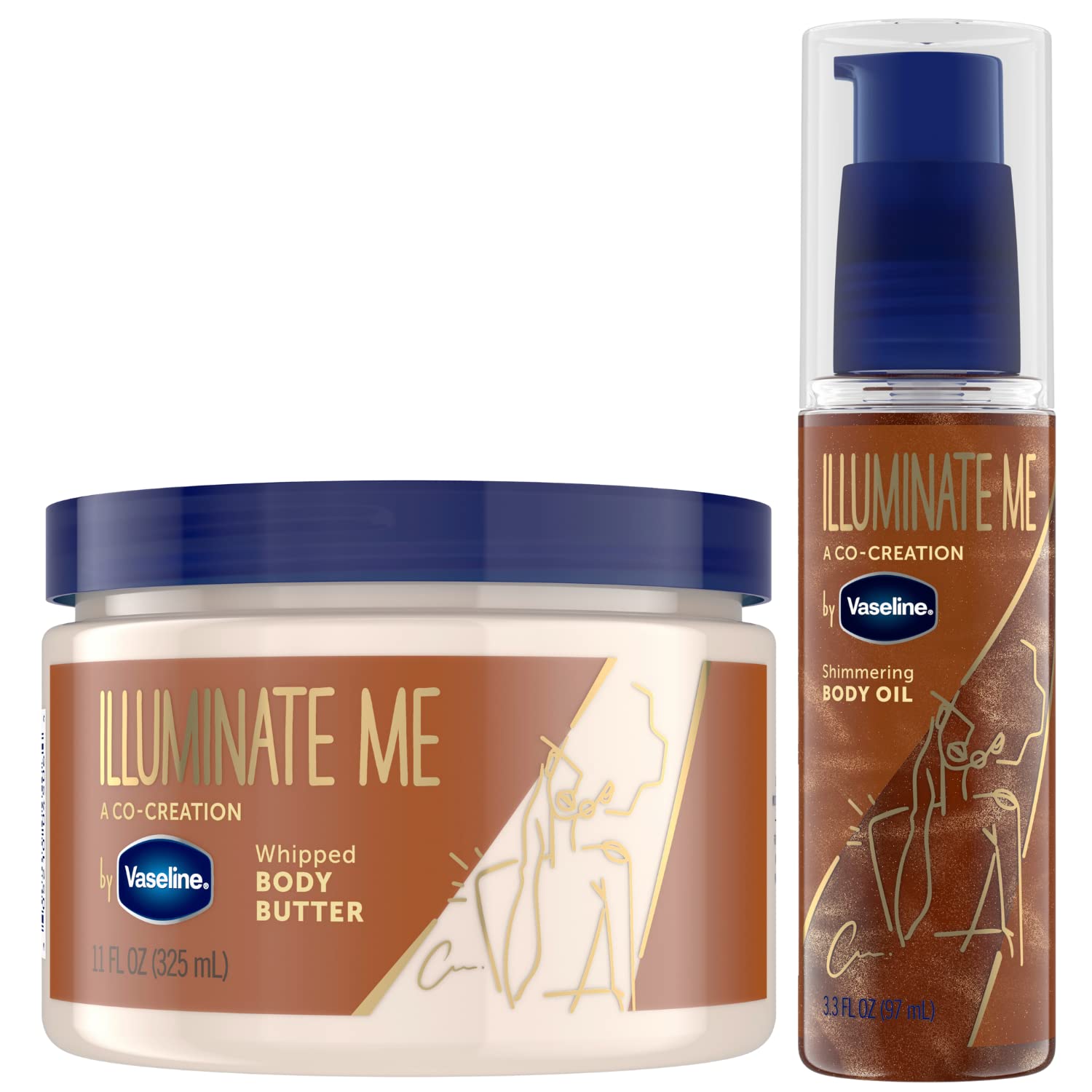 Vaseline Illuminate Me Body Butter & Body Oil Set - Shimmering Bronzer with Organic Shea Butter, 24H Hydration for Melanin-Rich Skin, Radiant Glow Oil - Perfect for Summer Tanning & Evening Glow