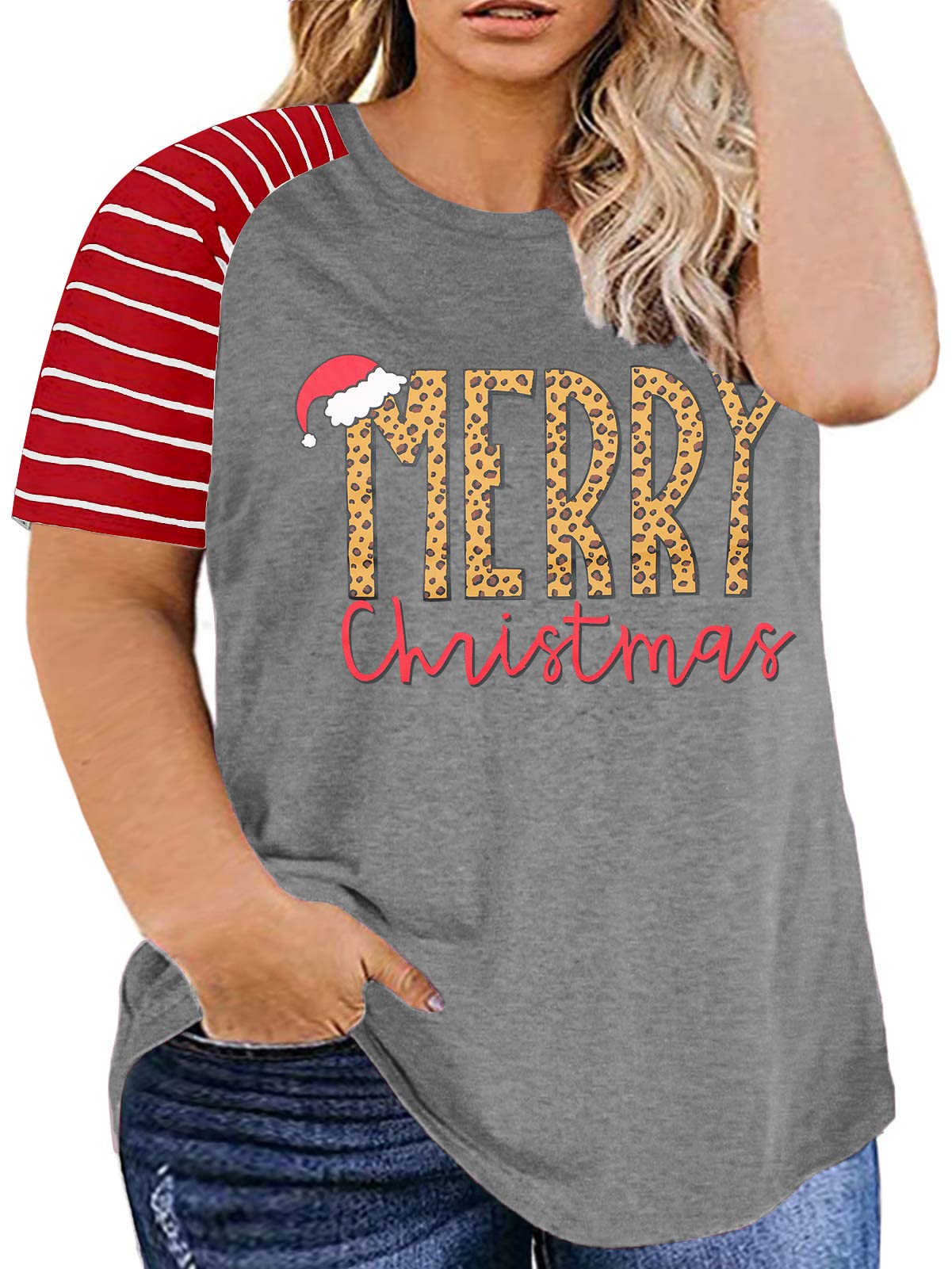 EGELEXY Plus Size Merry Christmas Shirts for Women - Festive Leopard Print & Striped Short Sleeve Holiday T-Shirts | Perfect for Christmas Parties, Family Gatherings & Holiday Photos