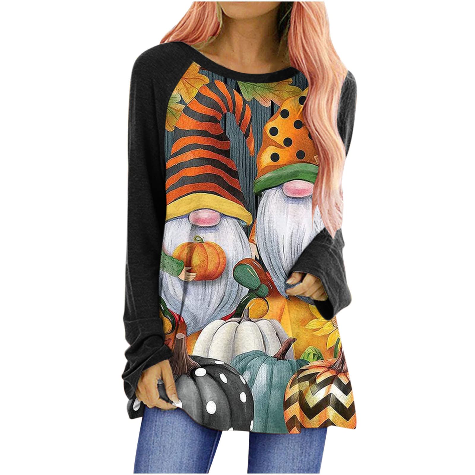 Women's Graphic Long Sleeve Shirts - Classic Loose Fit Crewneck Blouse with Pumpkin Print | Fall Fashion Teacher Apparel & Casual Wear