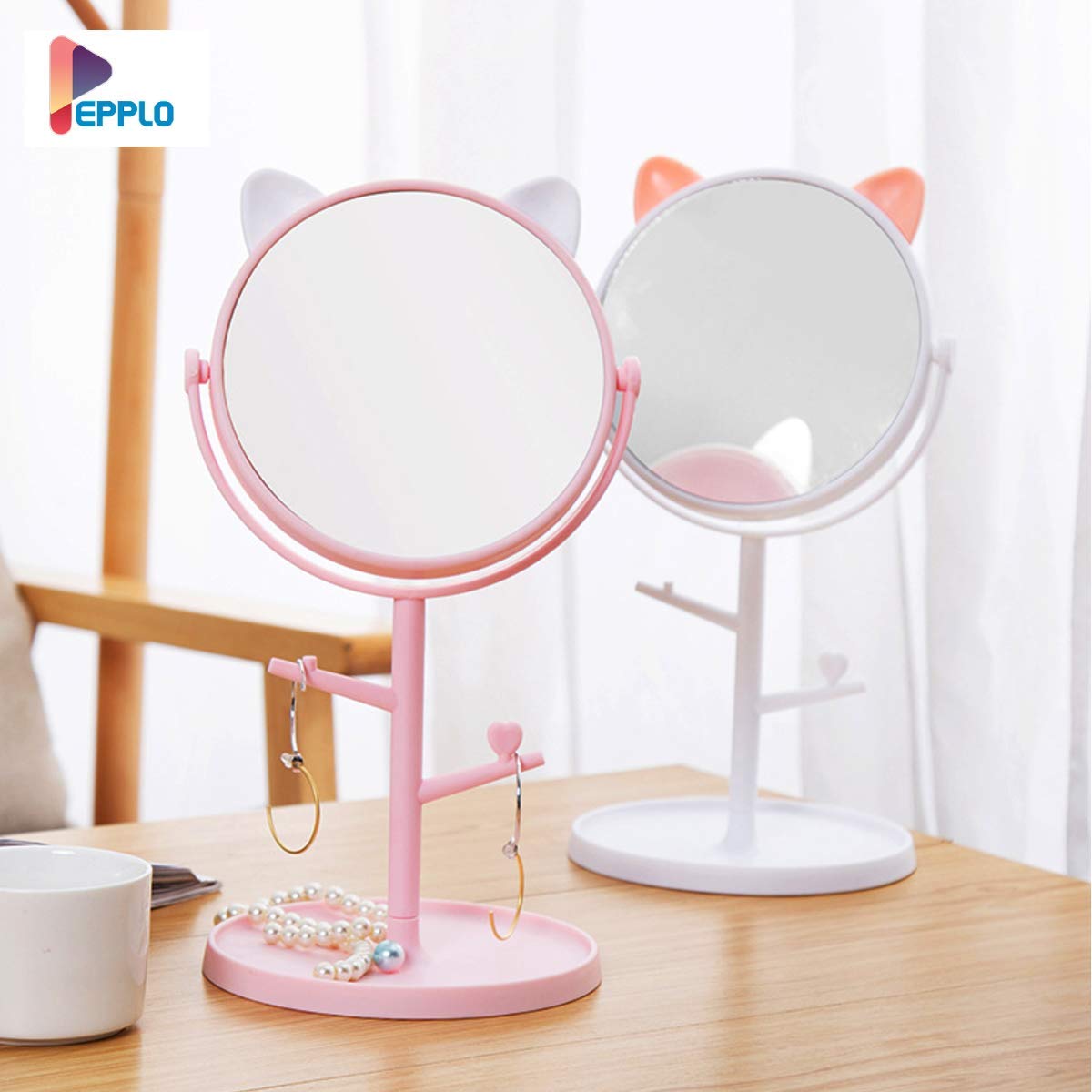 Pepplo White Round Framed Glass Tabletop Cat Shape Makeup Mirror - Adjustable Rotating Vanity Mirror for Bathroom, Bedroom & Dressing Table (Free Standing, 1 Piece) - Perfect for Makeup, Shaving & Home Decor