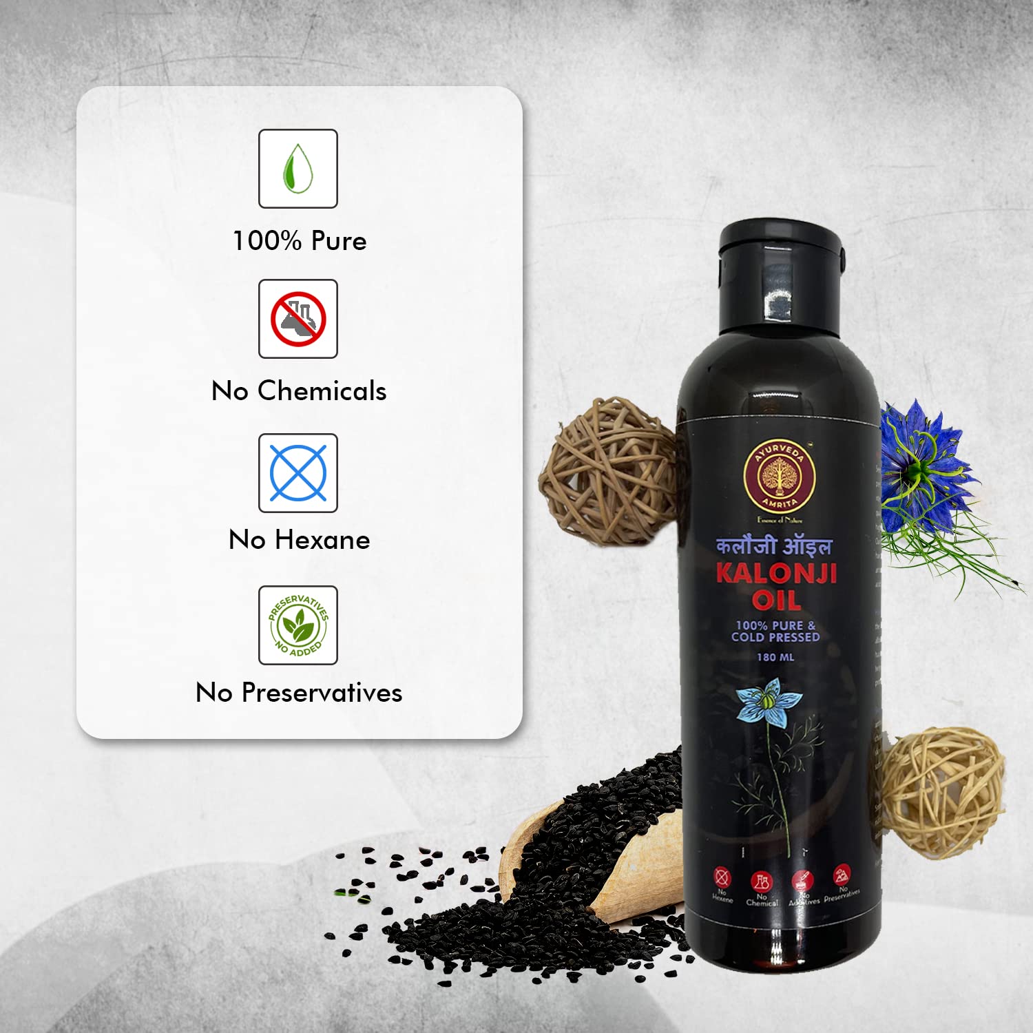 Pure Cold Pressed Kalonji Black Seed Oil (180ml) - Ayurvedic Amrita Oil for Hair Growth & Skin Care | Natural Remedy for Dry Scalp, Acne & Healthy Hair | Perfect for Massage, Aromatherapy & Daily Beauty Routine