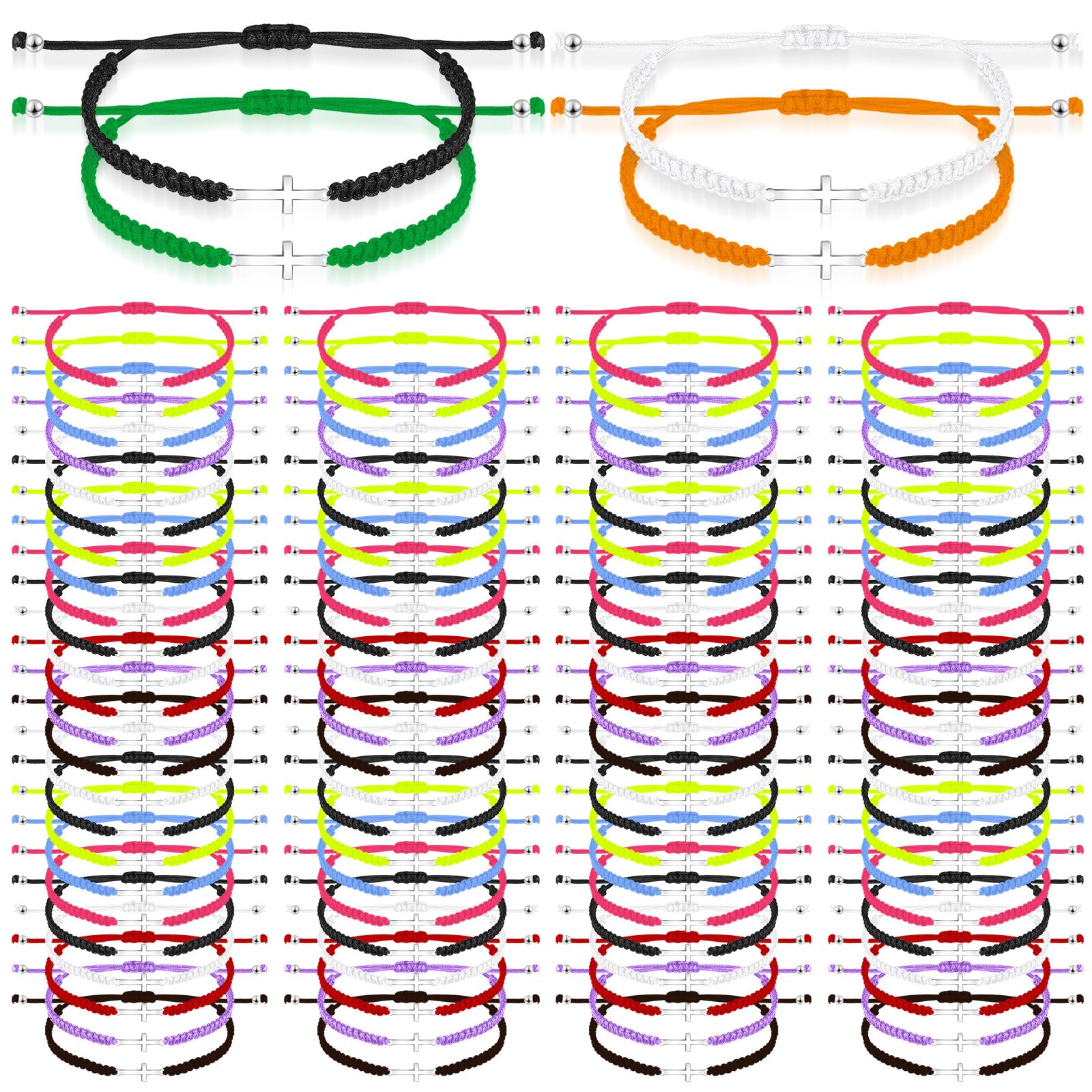 100 Pcs Adjustable Christian Cross Braided String Bracelets Bulk - Religious Gifts for Easter, Graduation, Baptism, Church, Funerals & Friendship - Perfect for Men, Women, Youth Groups & Church Events
