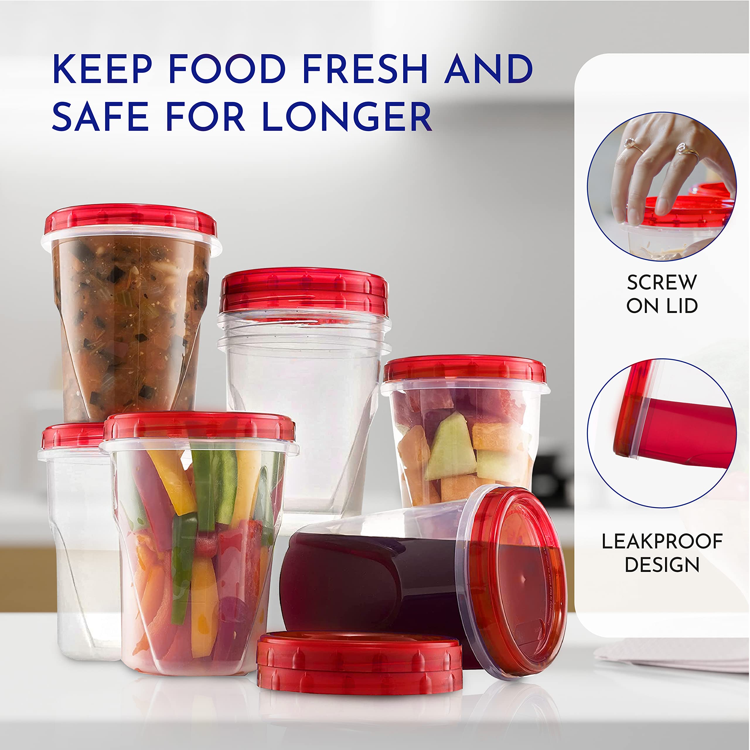 AQUA BLUE 32 Oz 10 Pack Reusable Plastic Food Storage Containers with Twist Top Lids - Leakproof, Stackable, Microwave Safe, BPA Free - Perfect for Soup Freezing, Meal Prep, Leftovers & Pantry Organization