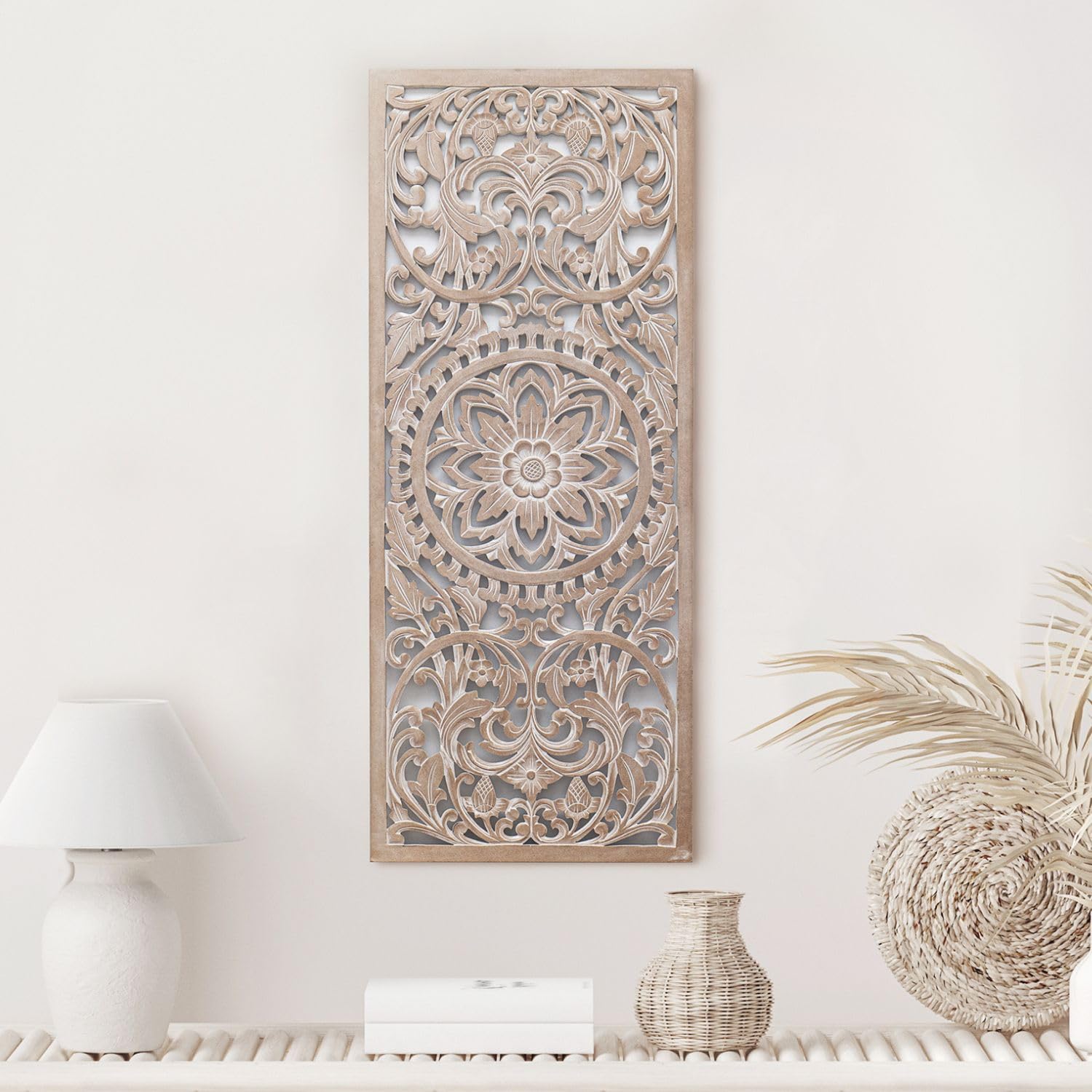 Boho Wall Art - Spiritual Mandala Wood Wall Hanging Decor | Large Hand-Carved Wood Panels for Living Room & Bedroom | Vertical Farmhouse Wall Accents | Perfect for Home, Office & Meditation Space (Amara)