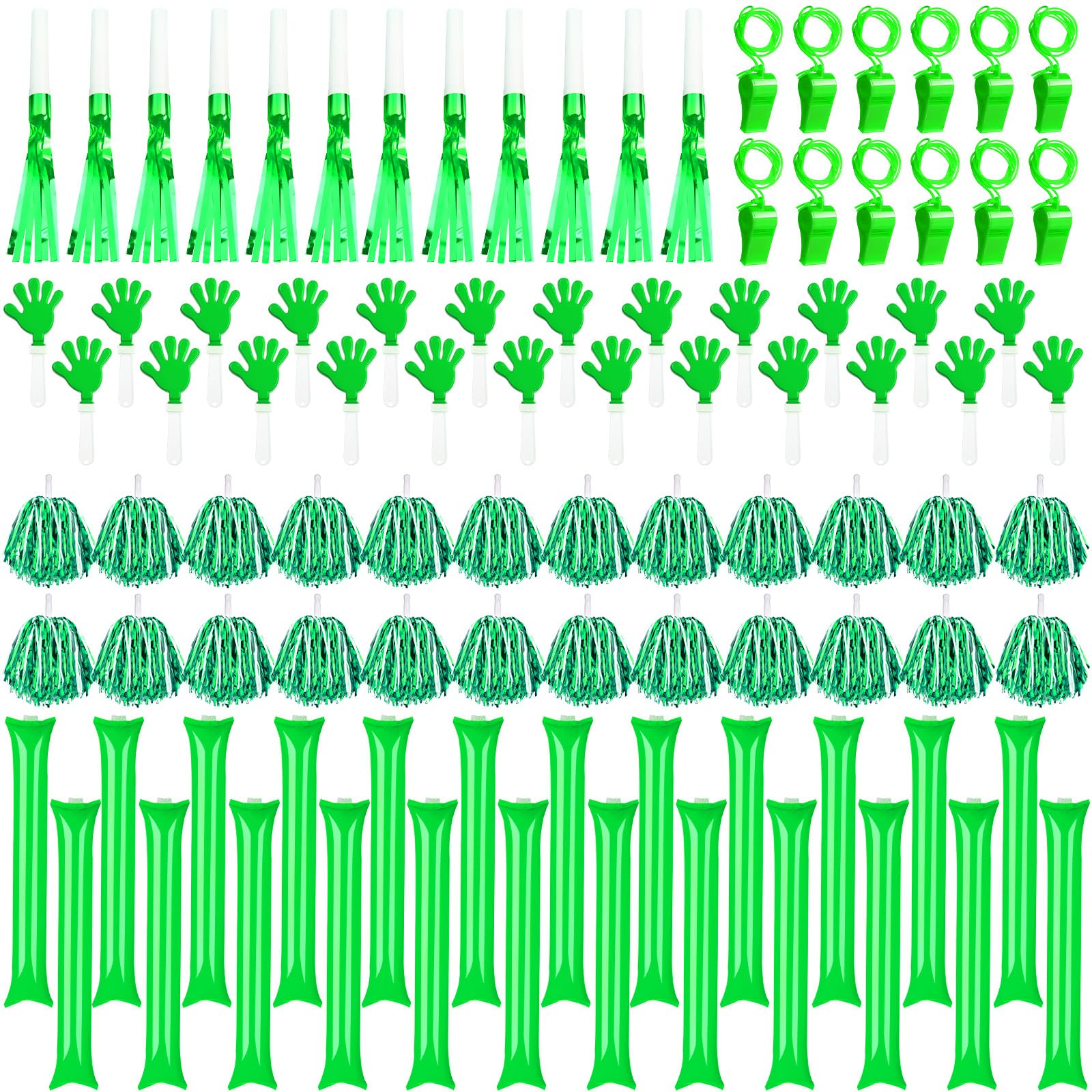 96 Pcs Noisemakers for Sports Events - Hand Clappers, Pom Poms, Thunder Sticks & Whistles
