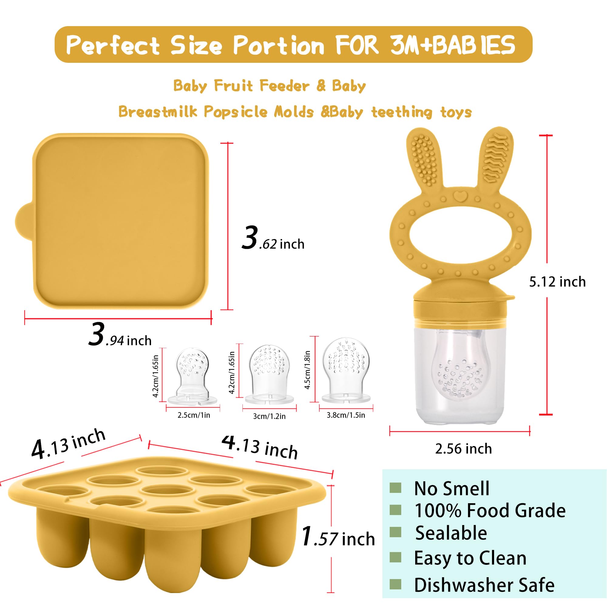 WAJIAYON 2-Pack Silicone Baby Breastmilk Popsicle Molds & Fruit Feeder - BPA-Free Freezer Storage Containers, Teething Pacifier and Soother for Infants (Yellow) - Perfect for Homemade Baby Food, Breast Milk Storage & Teething Relief