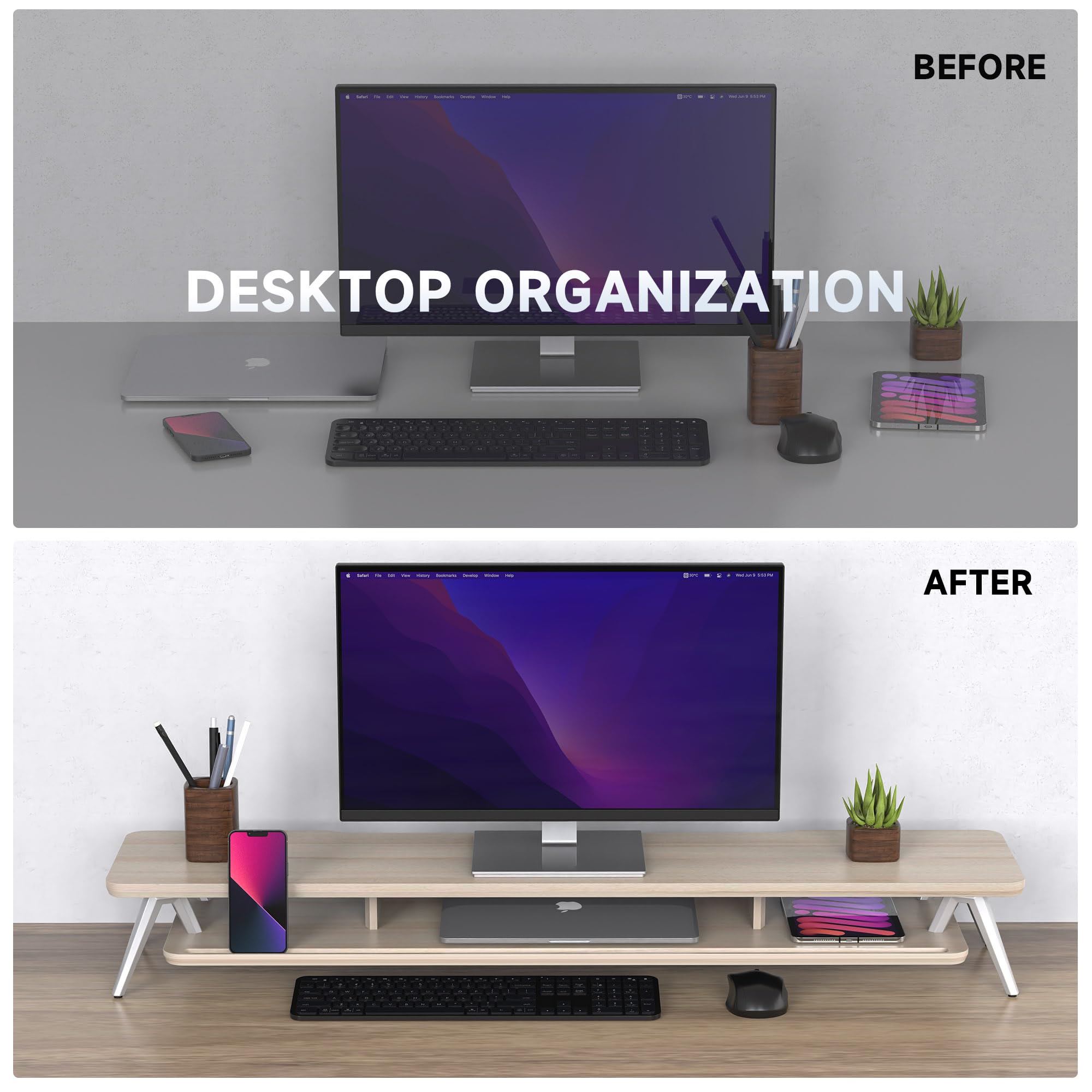 Dual Monitor Stand for 2 Screens - 42.5 Inch Wooden Desk Shelf with Storage Organizer & Cable Management - Office Desk Accessories (Oak) - Perfect for Home Office Setup & Workspace Organization