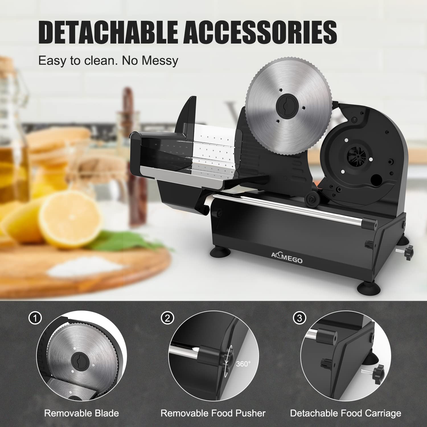 Aemego 200W Electric Meat Slicer for Home Use - Adjustable Thickness Food Slicer with Removable Stainless Steel Blade - Perfect for Deli, Jerky, Cheese, Bacon & More - Ideal for Kitchen, Delicatessen & Food Prep