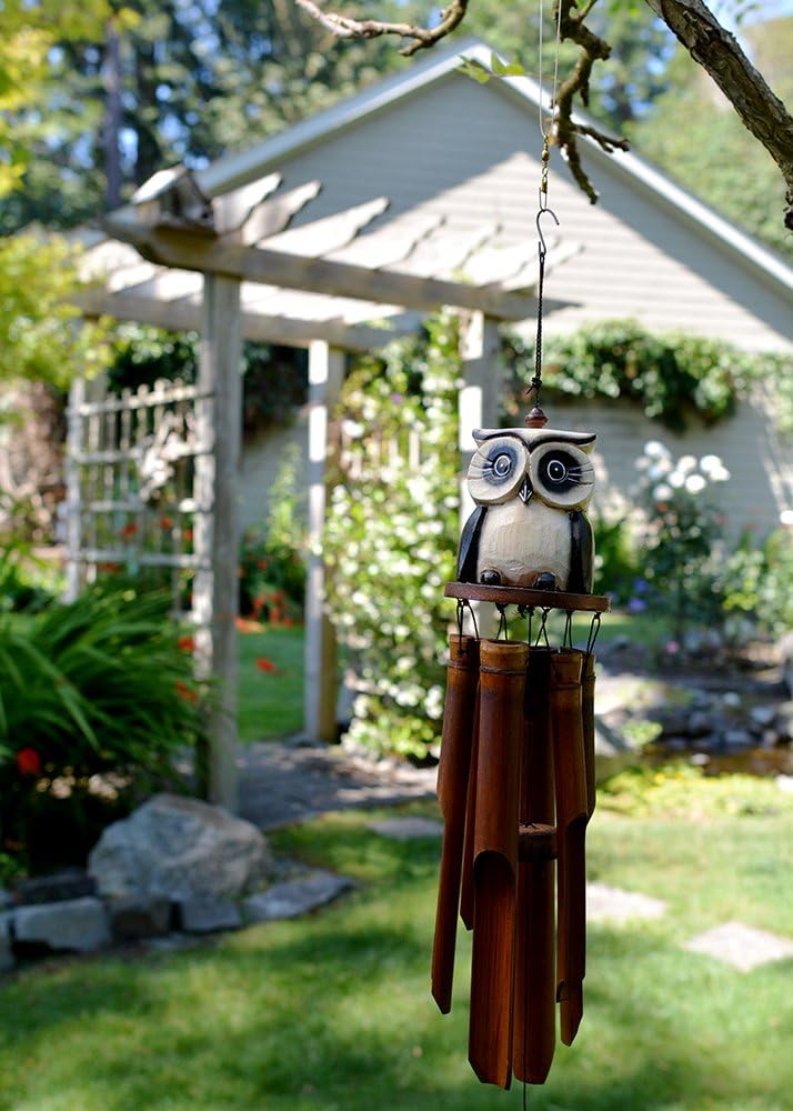 Cohasset 246 Oscar Bamboo Wind Chime in Tan Owl Design - Outdoor Garden Decor for Patio, Porch, and Backyard Relaxation