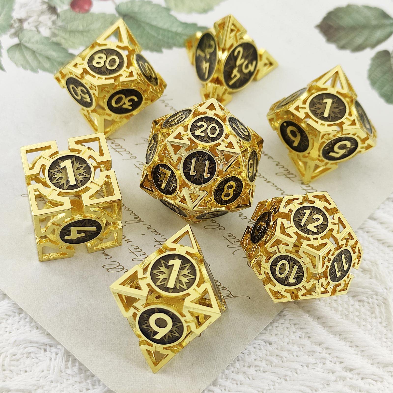 Premium Metal Hollow D&D Dice Set - Dungeons & Dragons RPG Polyhedral Dice (D20, D12, D10, D8, D6, D4) for Tabletop Games, MTG, Pathfinder - Gold & Black Finish with Storage Bag - Perfect for Gifts & Game Nights