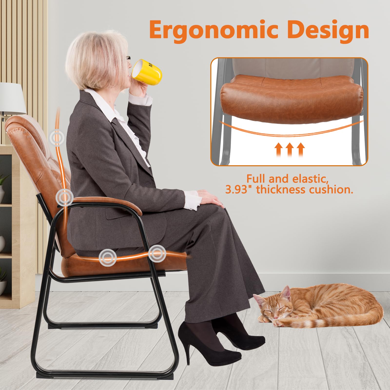 CLATINA Big & Tall 500 lb Capacity Guest Chair - Heavy Duty PU Leather Office Reception Chair with Sturdy Sled Base, Wheelless Desk Chair for Waiting Room, Conference, Lobby, Computer & Living Room - Brown - Perfect for High-Traffic Commercial Spaces & Home Offices