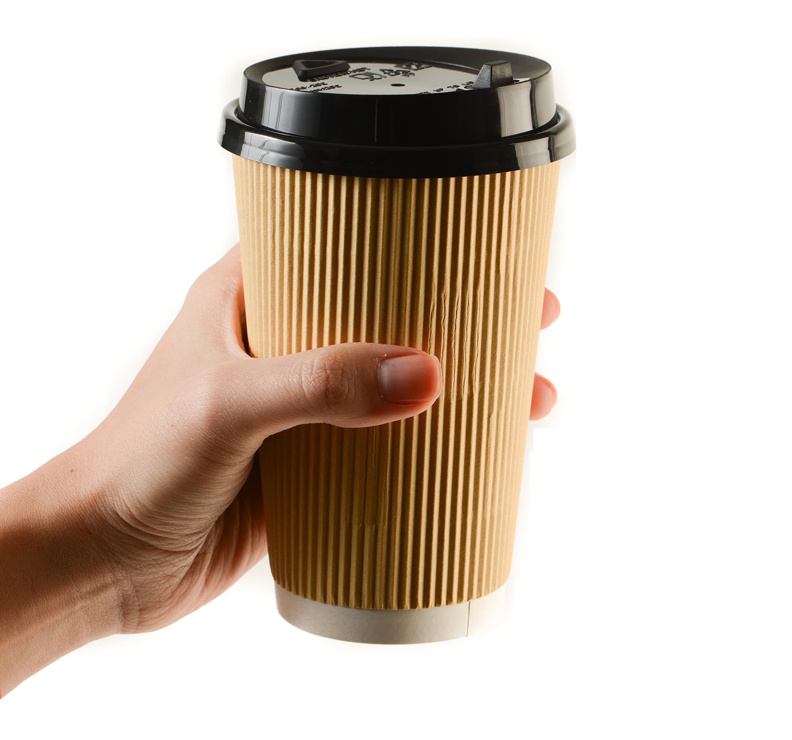 16oz Eco-Friendly Disposable Ripple Paper Coffee Cups with Black Dome Lids - Double Walled Insulated Hot Beverage Cups for Coffee, Tea, and Hot Drinks - Biodegradable To-Go Cups for Cafes, Offices, and Events (500 Pack)