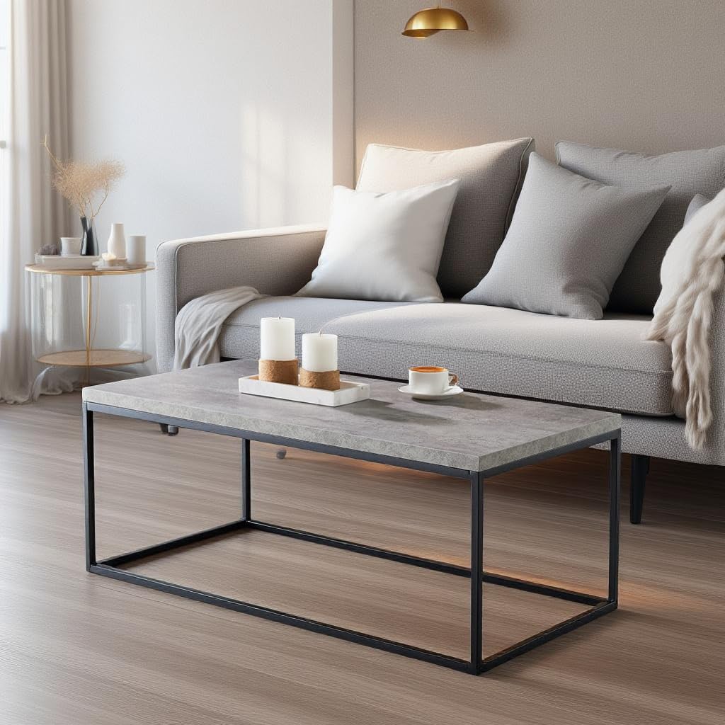 CENSI 40-Inch Modern Industrial Concrete Coffee Table - Rectangle Grey Marble Top with Wood & Metal Base - Extra Thick Durable Design for Living Room, Lounge & Office