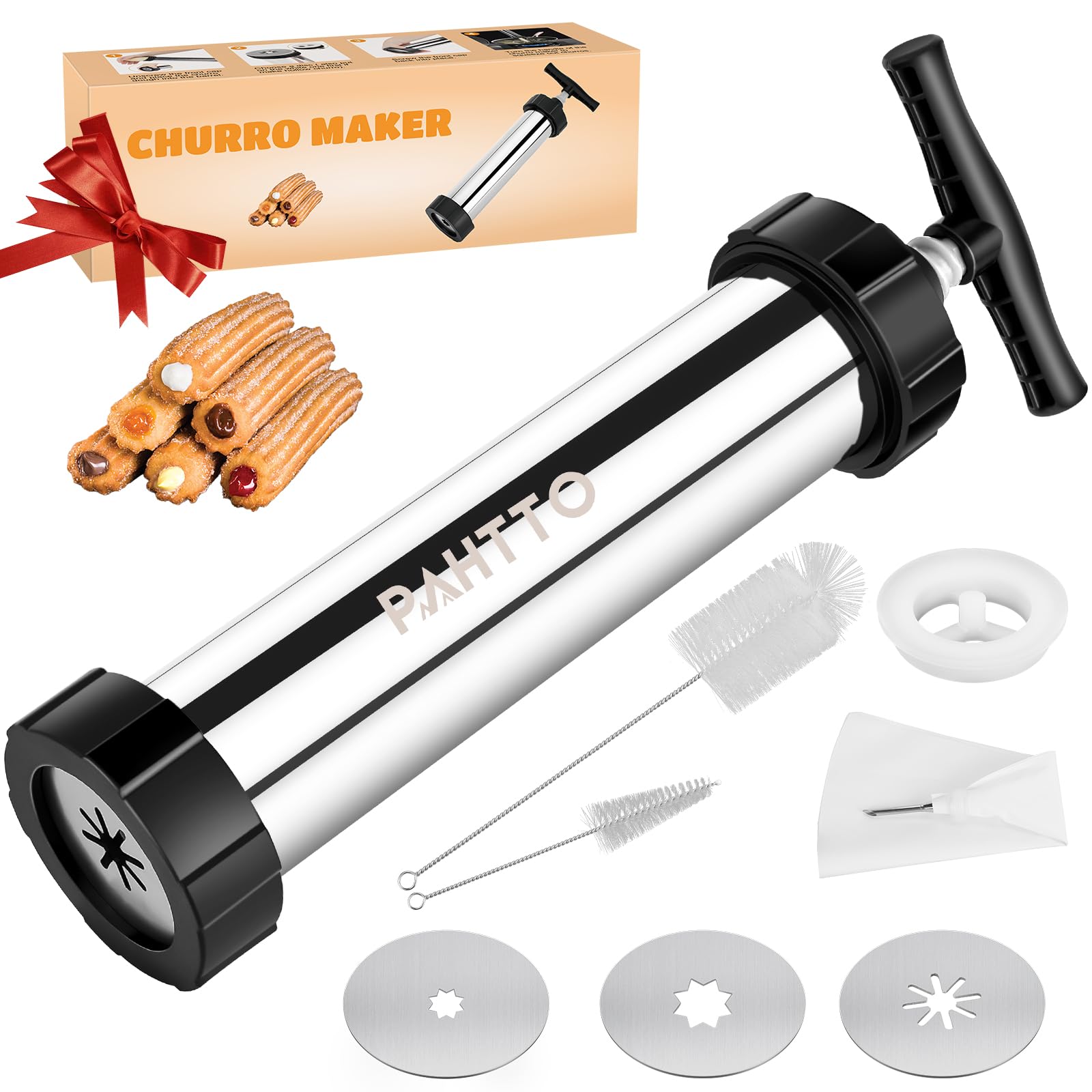 Stainless Steel Churro Maker Kit with 4 Nozzles, Piping Bag & Cleaning Brushes - Professional Churro Machine for Homemade Spanish Donuts - Perfect for Parties, Gifts & Family Baking Fun