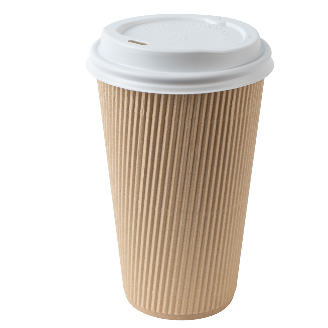 16 oz Kraft Paper Coffee Cups with White Lids - 200 Count (3.5