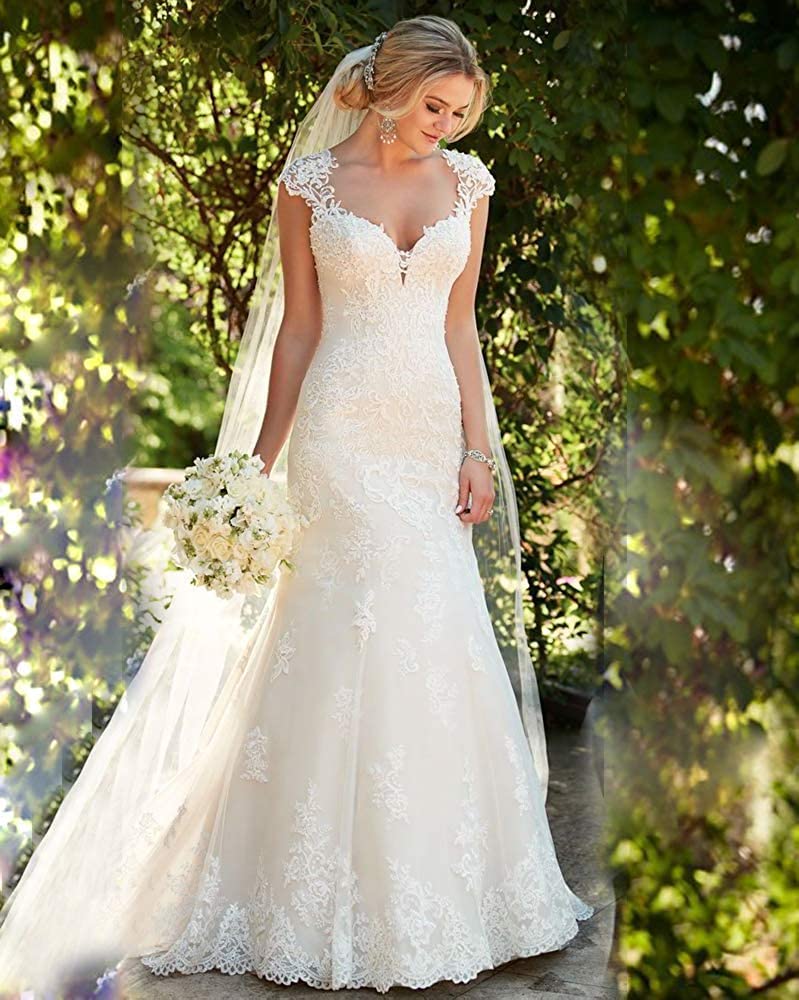 Floral Beaded Mermaid Wedding Dress 2024 - Elegant Lace Applique Bridal Gown for Women | Perfect for Beach Weddings, Evening Parties & Formal Events