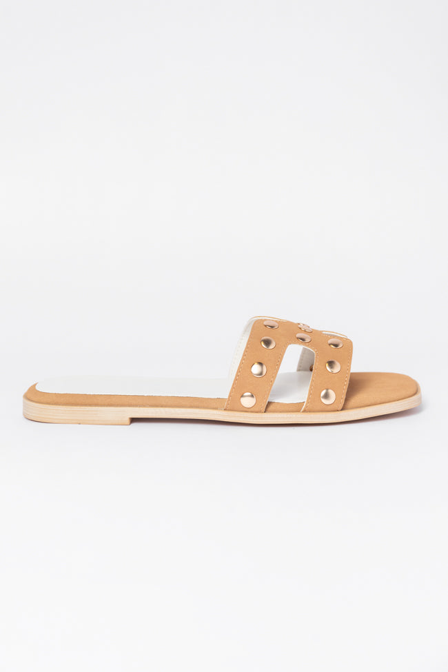 Hallie Women's Camel Studded H Sandals - Comfortable Leather Slides for Summer | Perfect for Beach, Pool, and Casual Outings