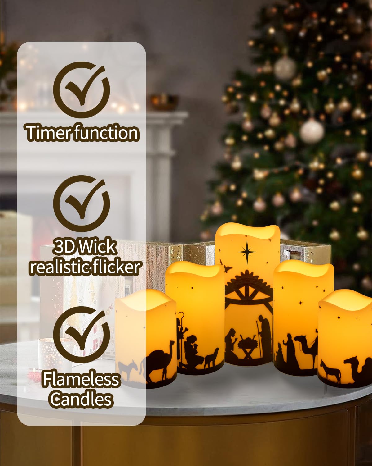 5-Pack Battery Operated LED Flameless Christmas Candles with Timer - Nativity Scene Religious Pillar Candles for Indoor Holiday Decor, Home Christmas Tree, Church & Tabletop Decorations