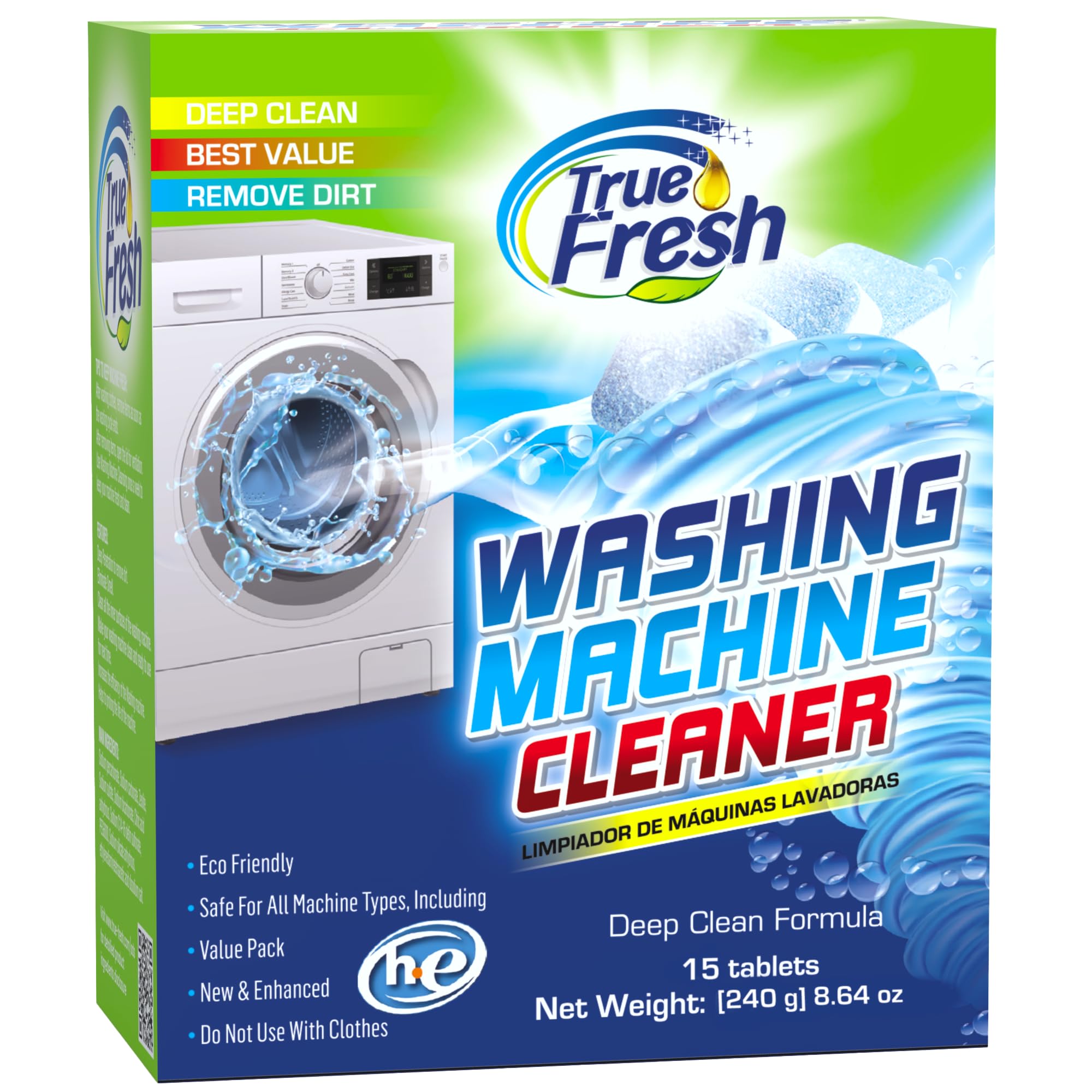 True Fresh Washing Machine Cleaner Tablets - 15 Pack Deep Cleaning Descaler for HE Front Load & Top Load Washers | Removes Mold, Odor & Residue | Safe for All Washing Machines | Perfect for Monthly Maintenance & Laundry Day Prep