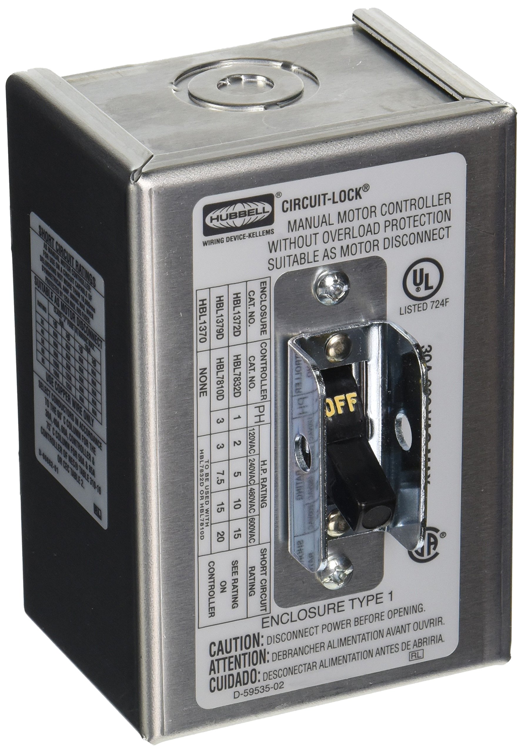 Hubbell HBL1372D2 30 Amp 600V NEMA 1 Enclosure Pole Disconnect Switch - Heavy Duty Electrical Safety Switch for Industrial and Commercial Applications