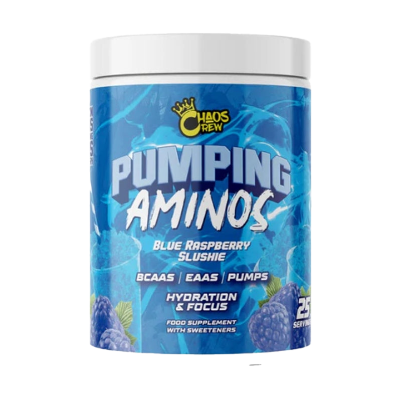 Chaos Crew Pumping Aminos 2.0 - Blue Raspberry Slushie Flavor - 325g BCAA Powder for Workout Recovery & Muscle Growth - Pre & Post Workout Supplement for Athletes & Fitness Enthusiasts