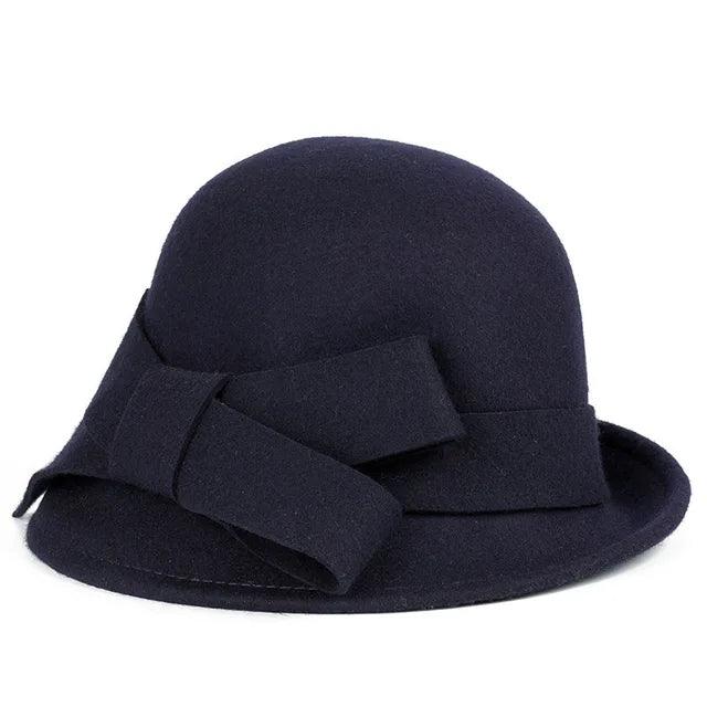 Women's Wool Felt Winter Hat with Asymmetric Bowknot - Elegant Formal Headwear for Cold Weather - Perfect for Office, Parties, and Holiday Outfits
