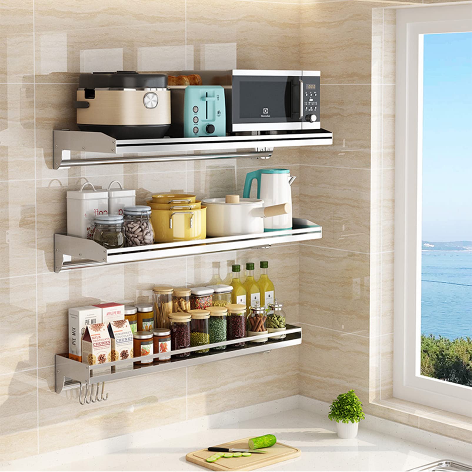 Stainless Steel Wall Mount Microwave Shelf - Multifunctional Kitchen Spice Rack & Bathroom Organizer - Space Saving Storage Solution for Microwave, Spices, Shower Essentials - Perfect for Kitchen, Bathroom, Laundry, Garage Organization