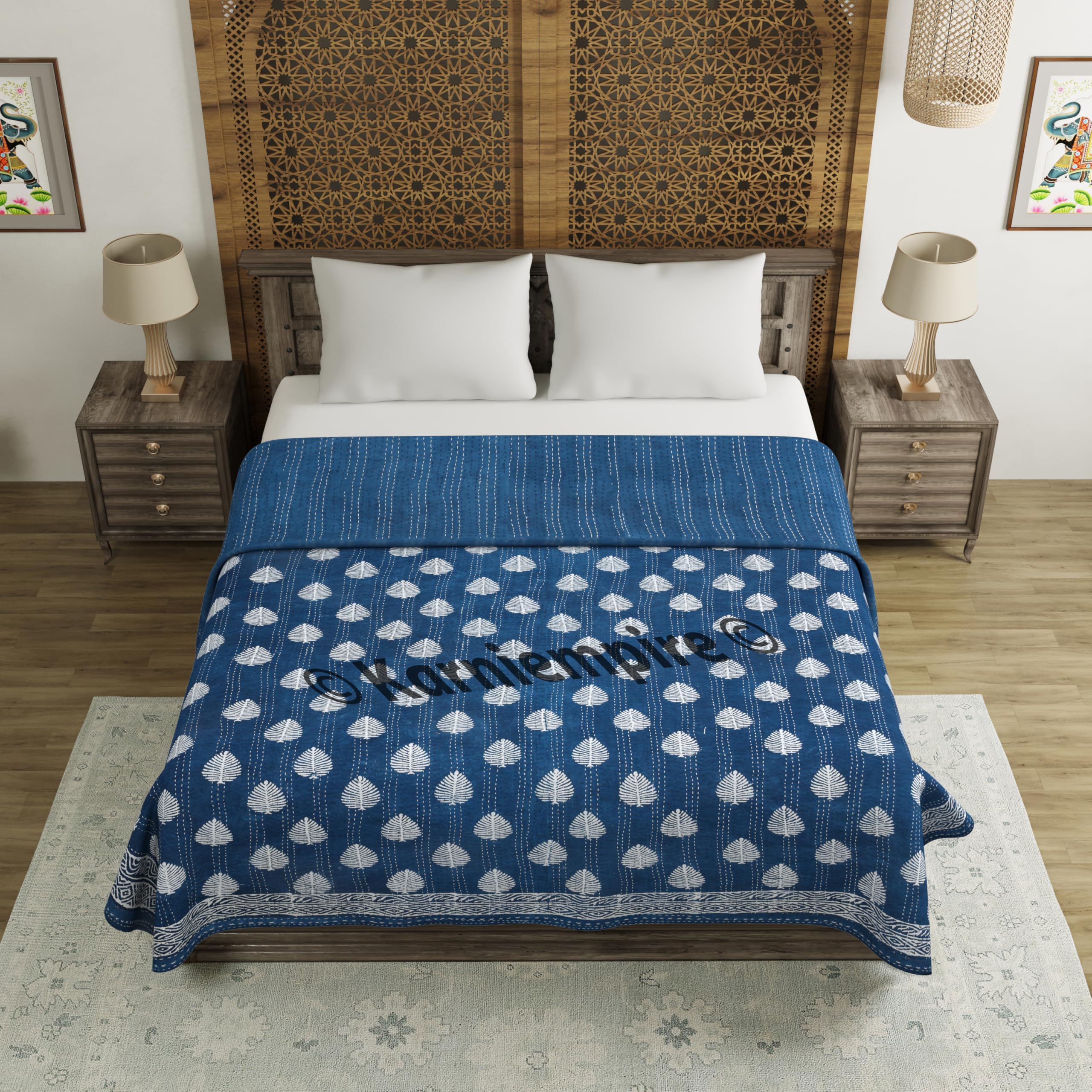 Handmade Indian Kantha Quilt - Reversible Bohemian Bedspread, Throw Blanket & Comforter in Leaf-Indigo Print (Twin/Queen/King/Super King 108