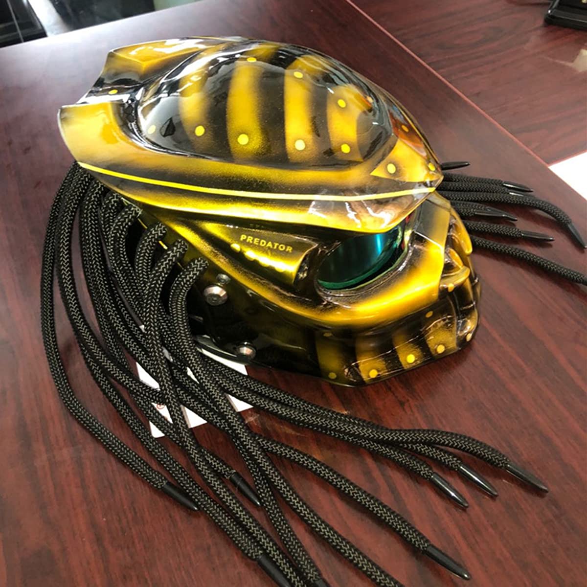 Predator Motorcycle Helmet DOT Certified - Full Face Bike Helmet with LED Lights & Hair Braid for Men & Women - Yellow Wasp Design for Outdoor Riding, Club Parties, Cosplay and Movie Props