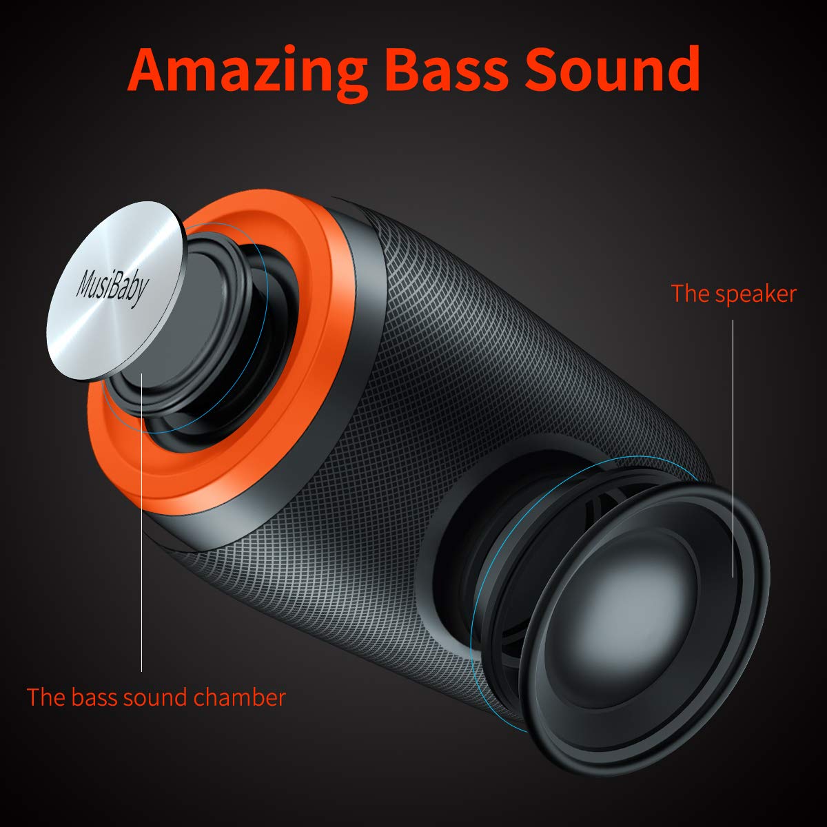 MusiBaby Bluetooth Speaker - Wireless, Waterproof, Portable with Stereo Sound & Booming Bass, Bluetooth 5.0, 24H Playtime, Dual Pairing, Ideal for Home, Party, Travel, Outdoor Adventures, and Gifting - Orange