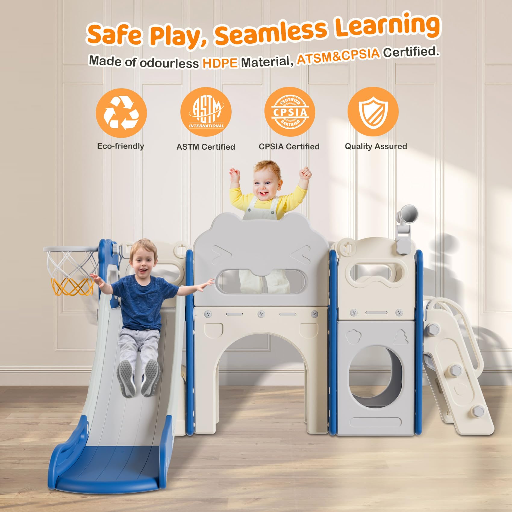 **Babytronic 8-in-1 Toddler Slide Set for Kids Ages 1-3 – Indoor & Outdoor Playground with Basketball Hoop & Telescope – Blue & Gray Baby Slide for Home, Backyard, Daycare & Playroom Fun**