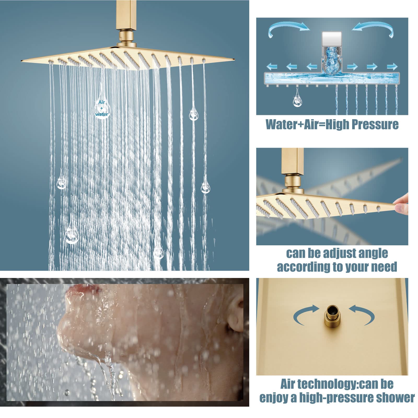 **Aolemi 10 Inch Ceiling Mount Shower System - High Pressure Rain Shower Head & Handheld Spray - Brushed Gold Bathroom Faucet Set with Rough-in Valve & Trim Kit - Perfect for Modern & Luxury Bathrooms**