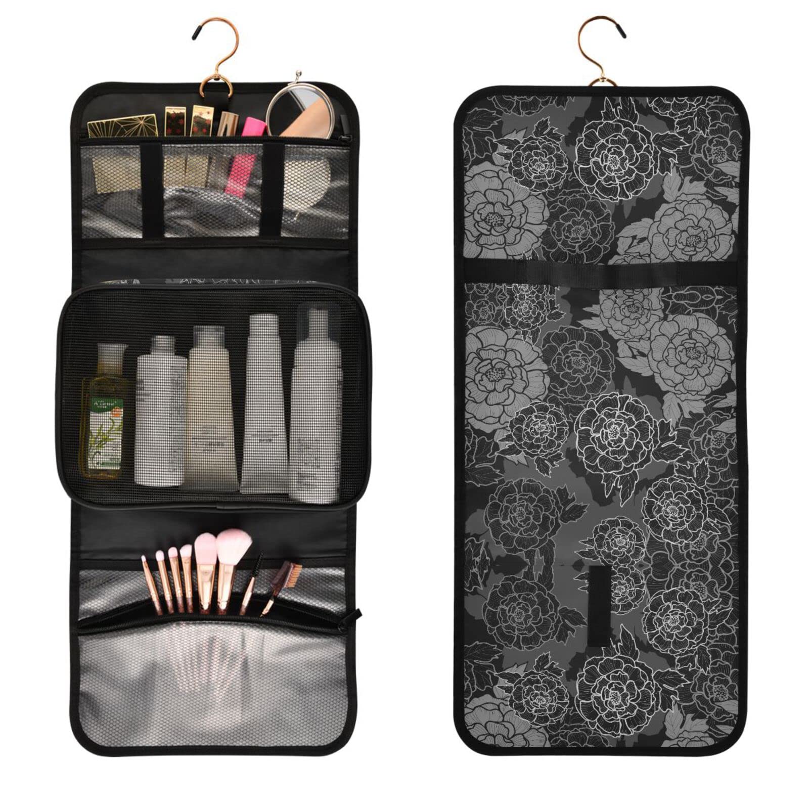 Susiyo Peony Black & White Toiletry Bag Set of 3 - Portable Travel Cosmetic Cases & Makeup Brush Organizer for Women & Girls | Perfect for Vacation, Gym & Daily Essentials Storage