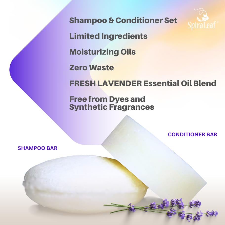 SpiraLeaf Shampoo Bar & Conditioner Bar Set with Fresh Lavender Essential Oils | Light Scent, Limited Ingredients, Concentrated Formula | Zero Waste, Travel-Friendly Hair Care | Made in USA | Perfect for Eco-Conscious Travelers & Sustainable Home Use