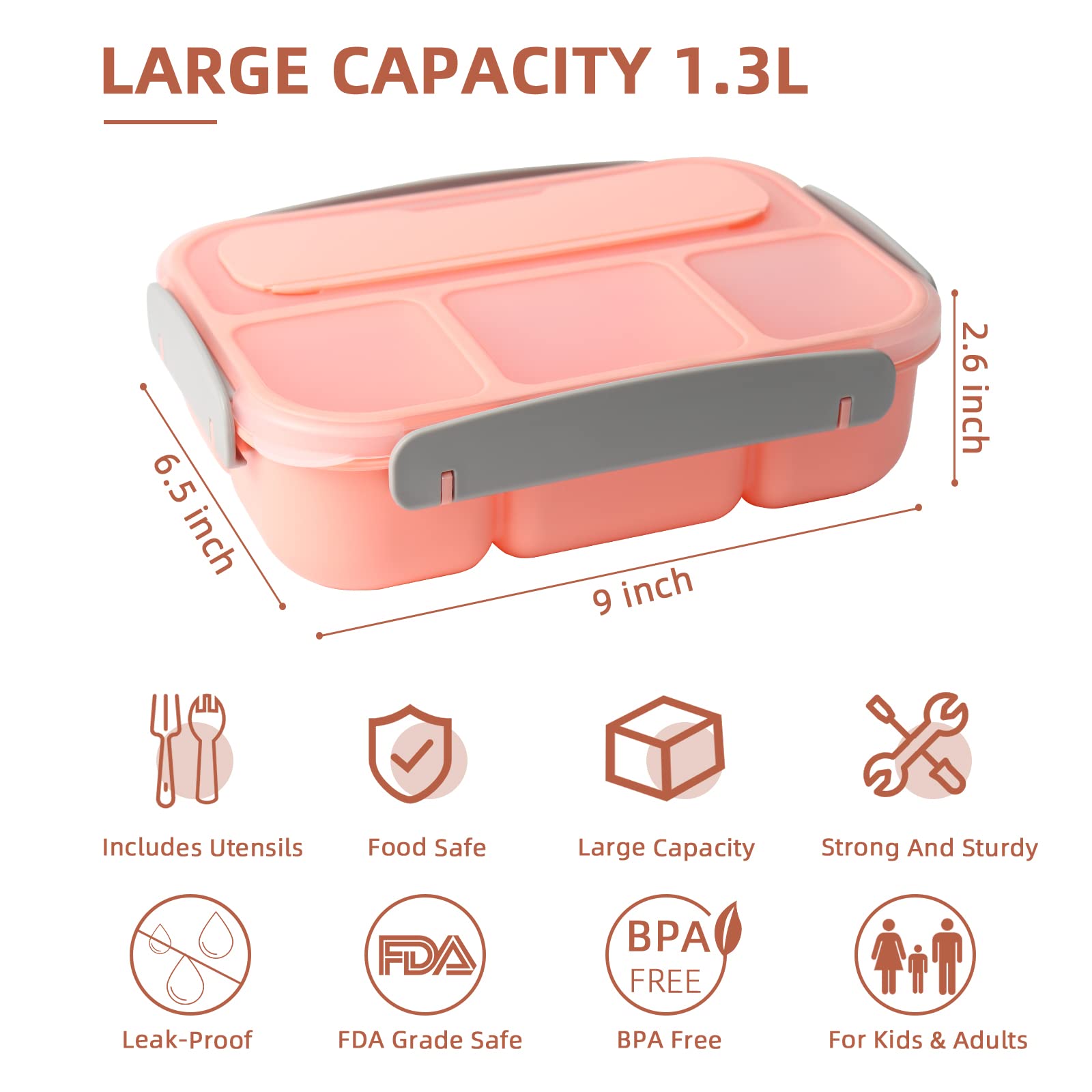 **1300ML Bento Lunch Box for Kids & Adults - 4 Compartment Leakproof Bento Containers Set with Mini Containers, Fruit Picks & Muffin Silicone Cup - Perfect for School, Work & Picnics (Pink)**