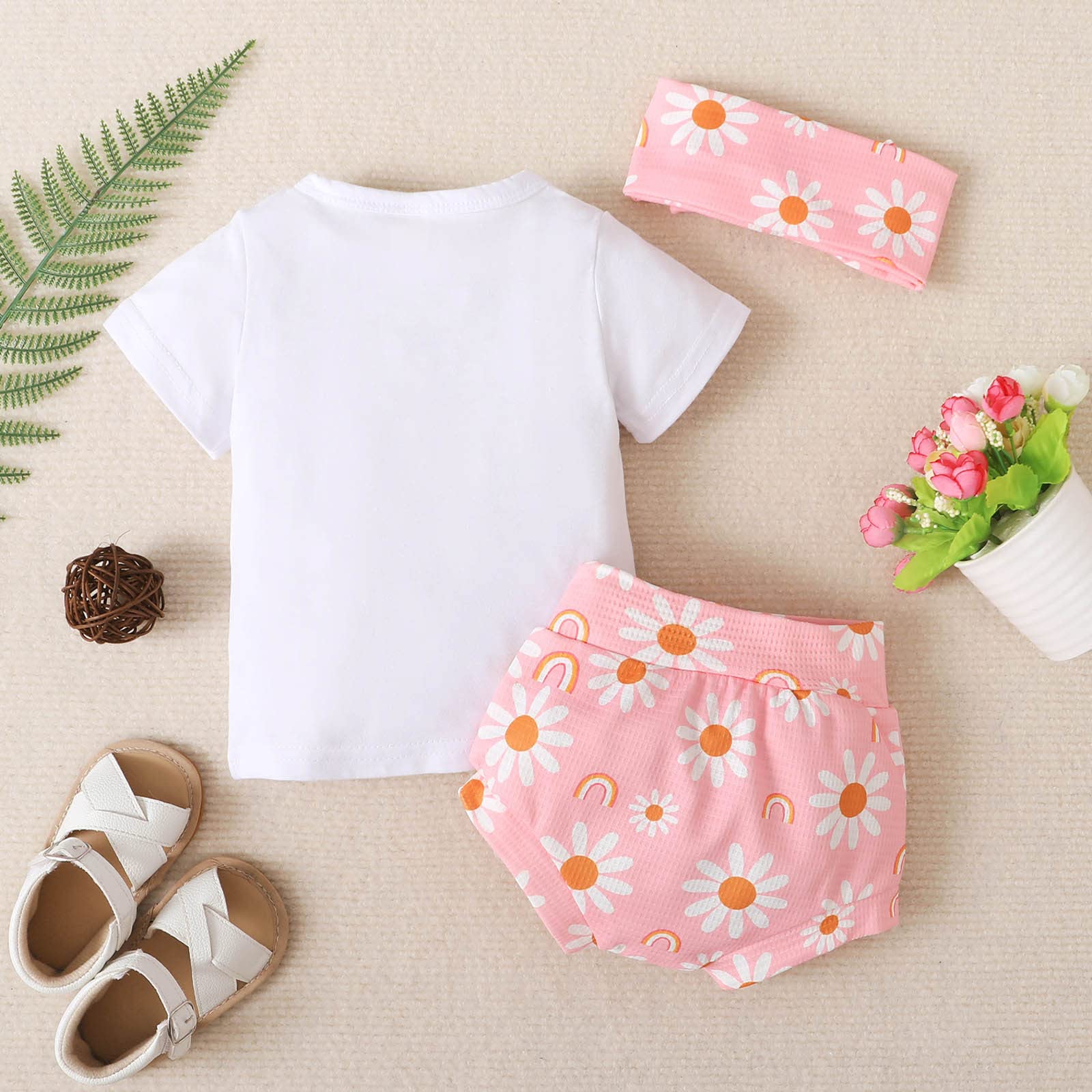 **Toddler Girls' Outfit Set - Short Sleeve Letter Print T-Shirt, Floral Shorts & Headband | Cute Summer Playtime & Photo Outfits**