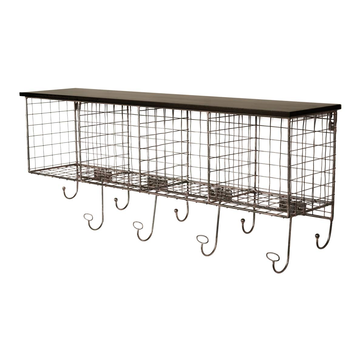 Benjara Black Grid Metal and Wood Wall Shelf with 4 Cubbies & 9 Hooks - Stylish Storage for Living Room, Bedroom, or Entryway Organization