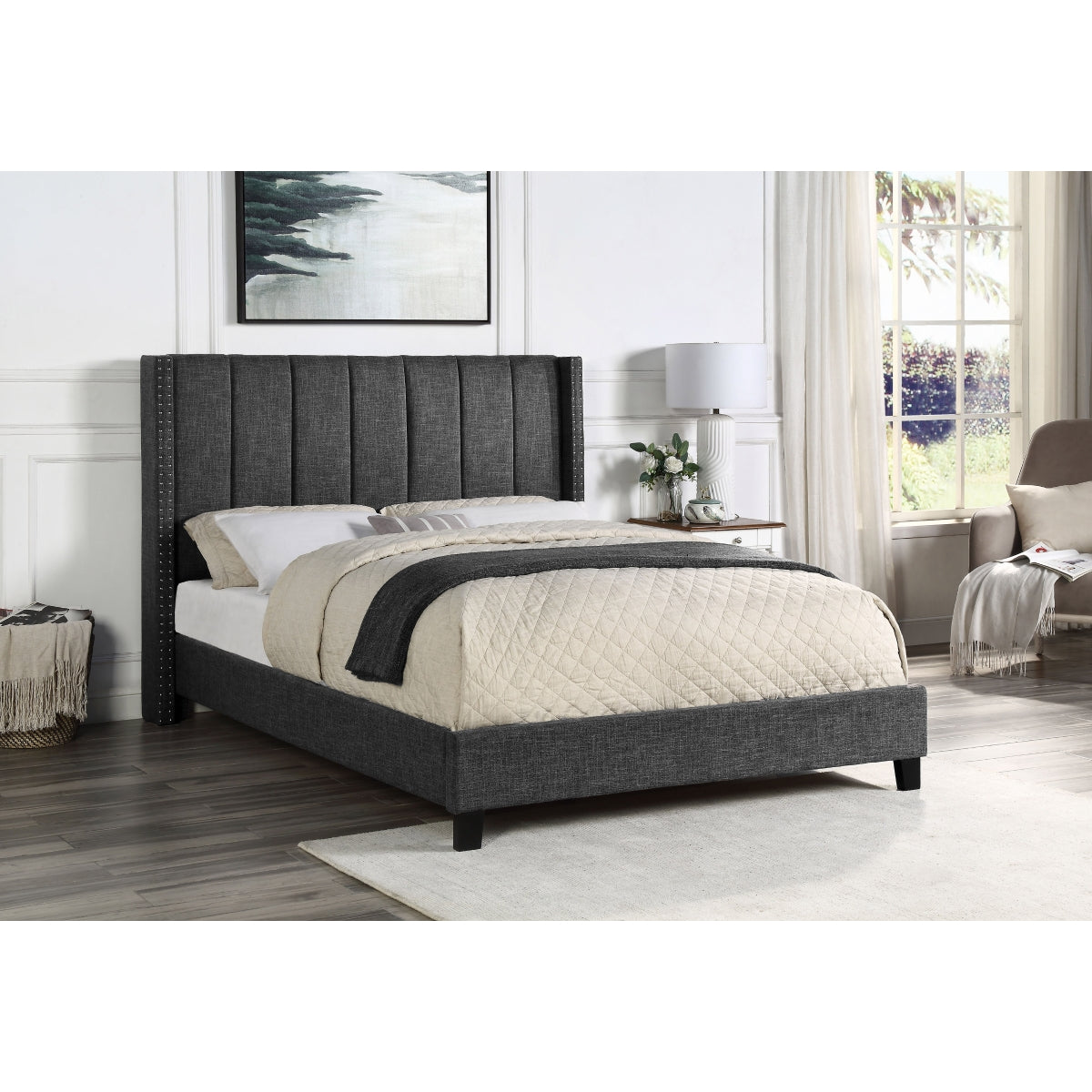 Clara Queen Bed Frame - Dark Grey Linen Upholstered Platform Bed with Tufted Headboard & Nailhead Trim for Modern Bedroom Decor