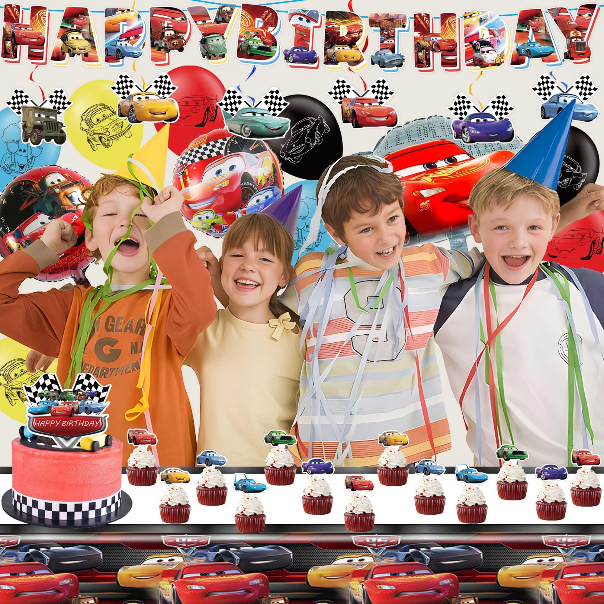 Cars Themed Birthday Party Decorations Set - Banner, Balloons, Cupcake Toppers, Tablecloth & Hanging Swirls for Boys' Race Car Birthday Party Decor