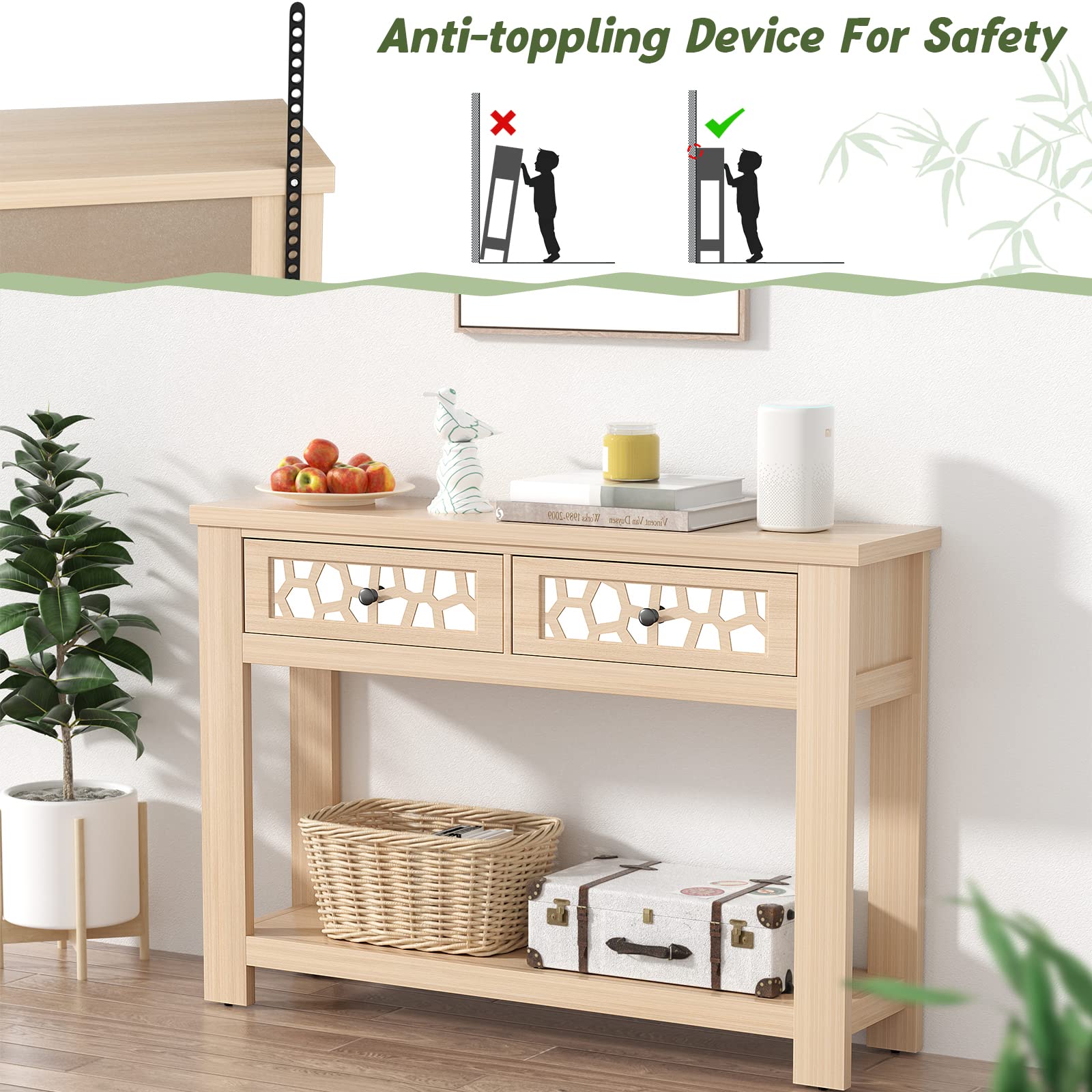 Giantex 2-Tier Wooden Console Table with 2 Drawers & Open Storage Shelf - Entryway Table for Living Room, Hallway, or Foyer - Easy Assembly Rectangular Accent Table (Natural Finish) - Perfect for Small Spaces, Home Decor & Organizing Keys, Mail & Essentials