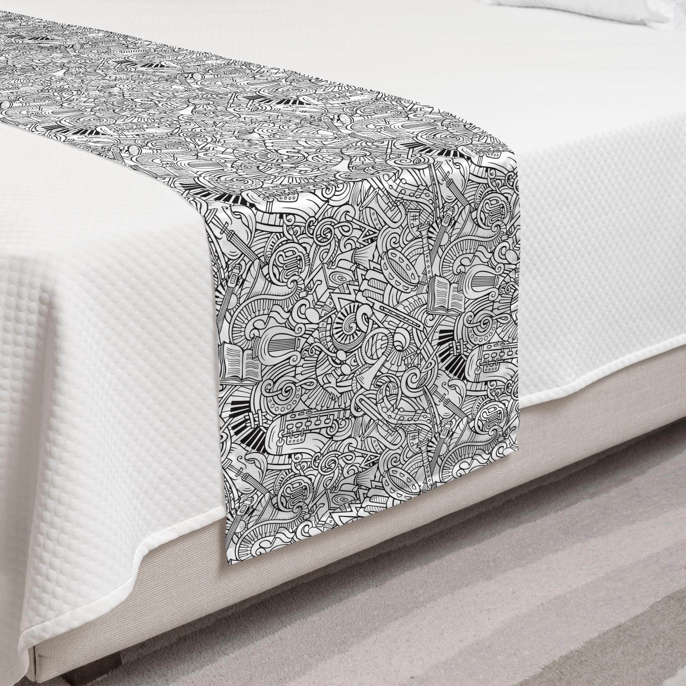 Ambesonne Music Themed Bed Runner - Monochrome Doodle Design with Musical Elements | Decorative Bed Scarf for Hotels, Homes & Guest Rooms | Charcoal Grey & White | Perfect for Jazz Themed Bedrooms & Music Lover's Home Decor