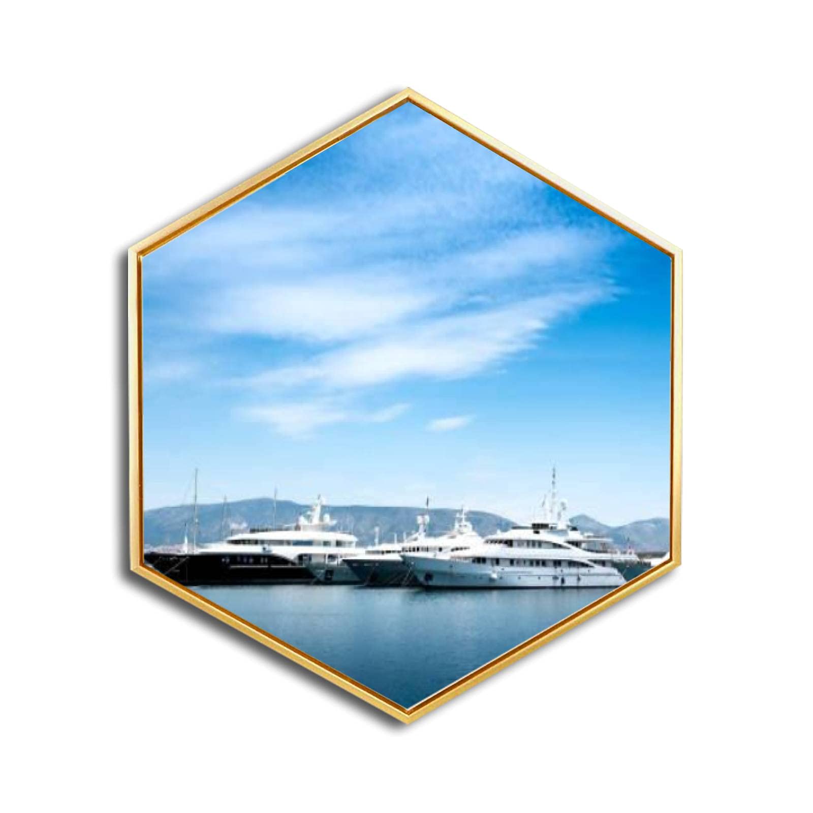 Luxury Yachts Canvas Wall Art - Golden Framed Giclee Prints, Minimalist Modern Hexagon Wall Decor for Home & Office - Ready to Hang | Perfect for Living Room, Bedroom, Office & Nautical Themed Spaces