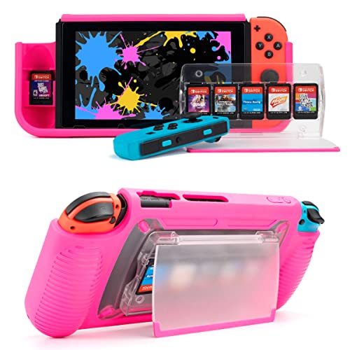 Durable Shockproof Nintendo Switch Protective Case with Built-in Stand & Game Storage - Hot Pink - Perfect for Travel, Gaming on the Go & Home Entertainment