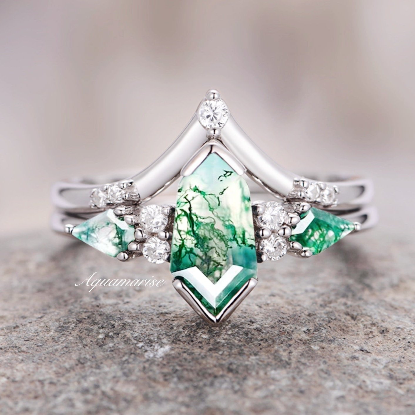 14K White Gold Green Moss Agate Ring Set for Women | Elegant Nature-Inspired Jewelry for Weddings, Anniversaries & Special Occasions