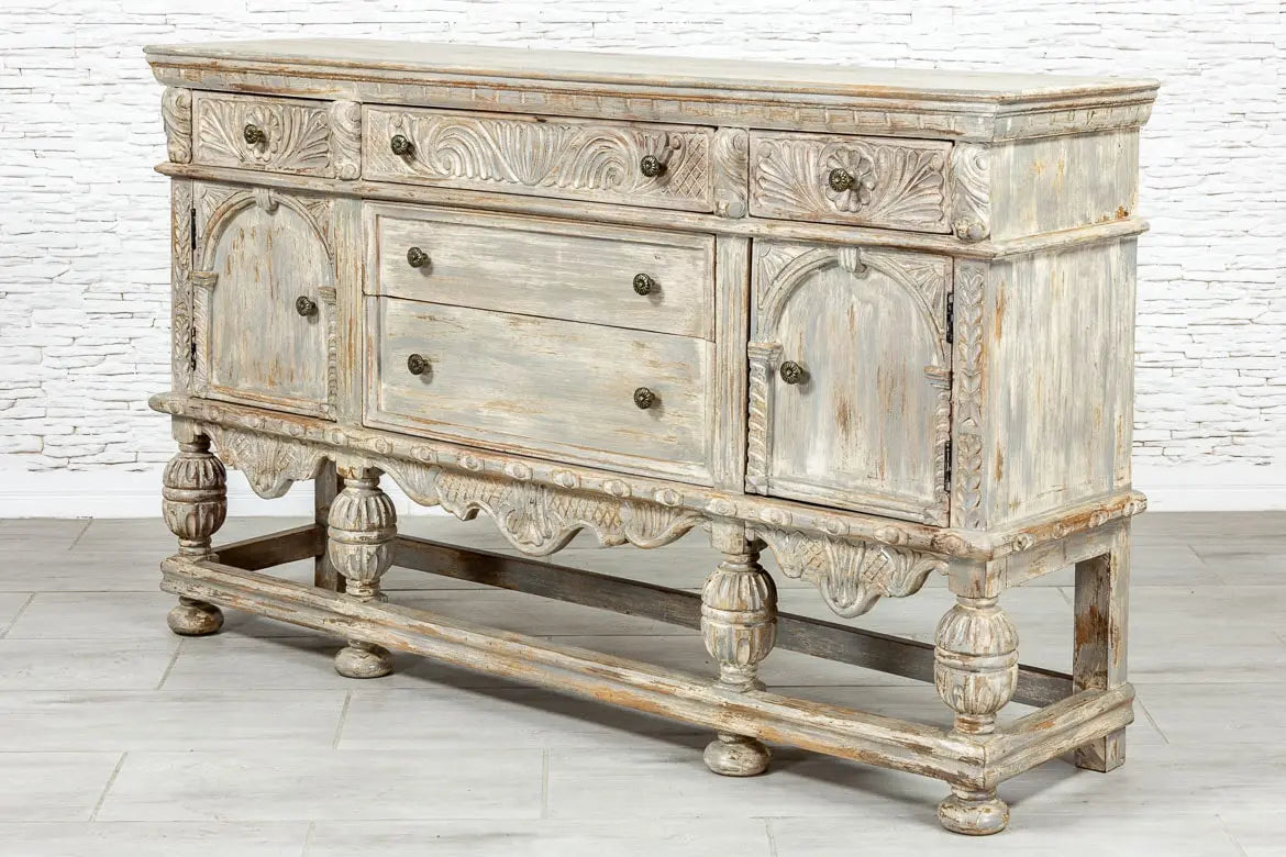 French Arched Hand Carved Solid Wood Console Table - Indian Teakwood Hallway Entryway Furniture - Grey Finish for Living Room, Foyer & Home Decor