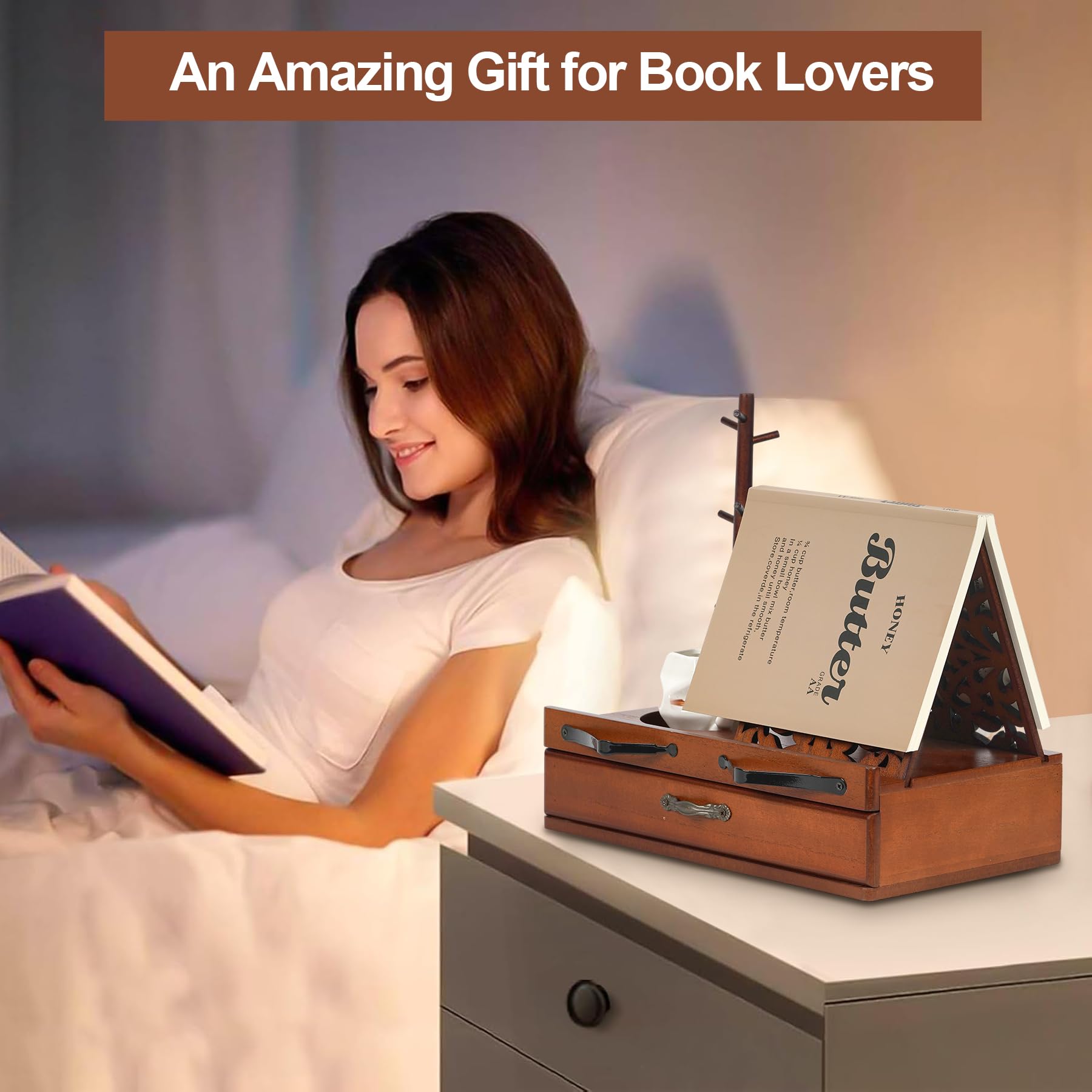 Wooden Book Stand for Hands-Free Reading - Adjustable Triangle Book Holder with Cup, Glasses, Pen & iPad Holder - Book Page Holder Stand with Drawer - Perfect Gift for Book Lovers - Ideal for Home, Office & Library Use