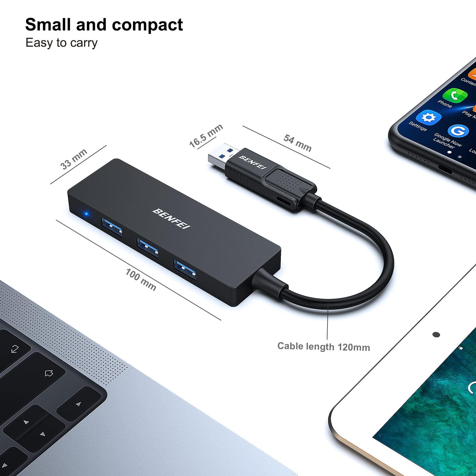 BENFEI 4-Port USB 3.0 Ultra Slim Hub with USB-C Adapter - 5Gbps High Speed Data Transfer - Compatible with iPhone 15 Pro/Max, MacBook Pro/Air 2023, iPad Pro, iMac, XPS 17 - Perfect for Home Office, Travel & Multi-Device Charging